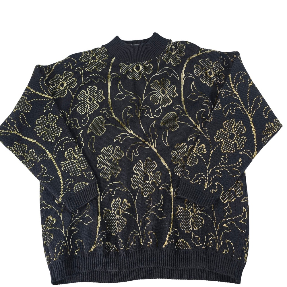 Turning Point Vintage Gold Metallic Floral Mock Neck Sweater Black Shimmer USA